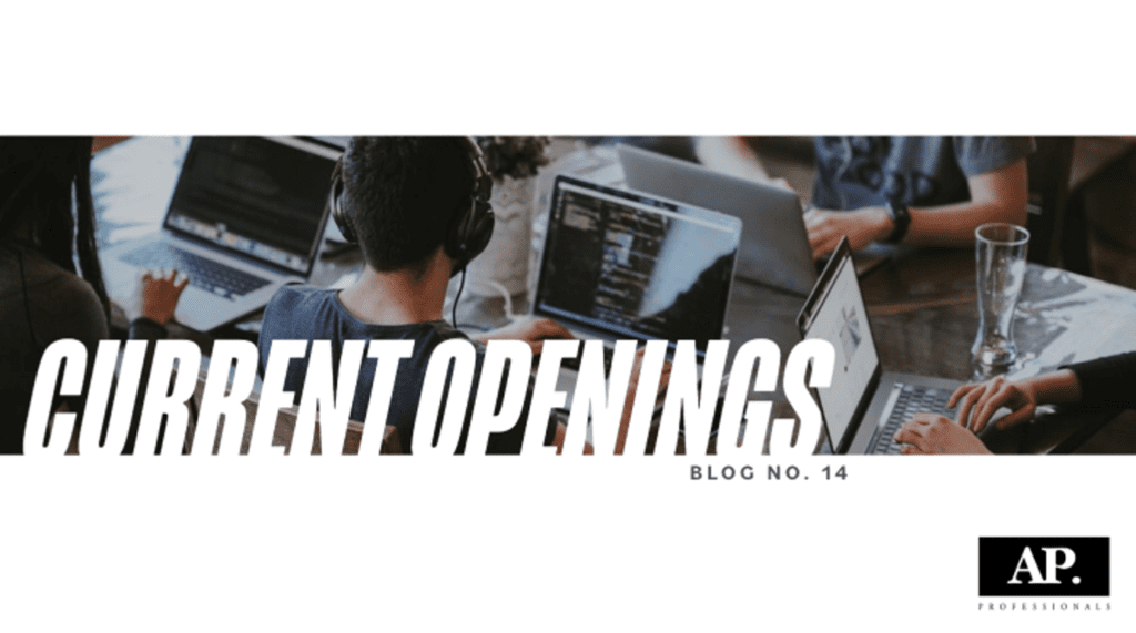 A stock Image with employees working on laptops as the background. Wording on the left hand side saying "current Openings" small underneath "Blog No. 14" with the AP Professionals logo on the bottom right hand corner